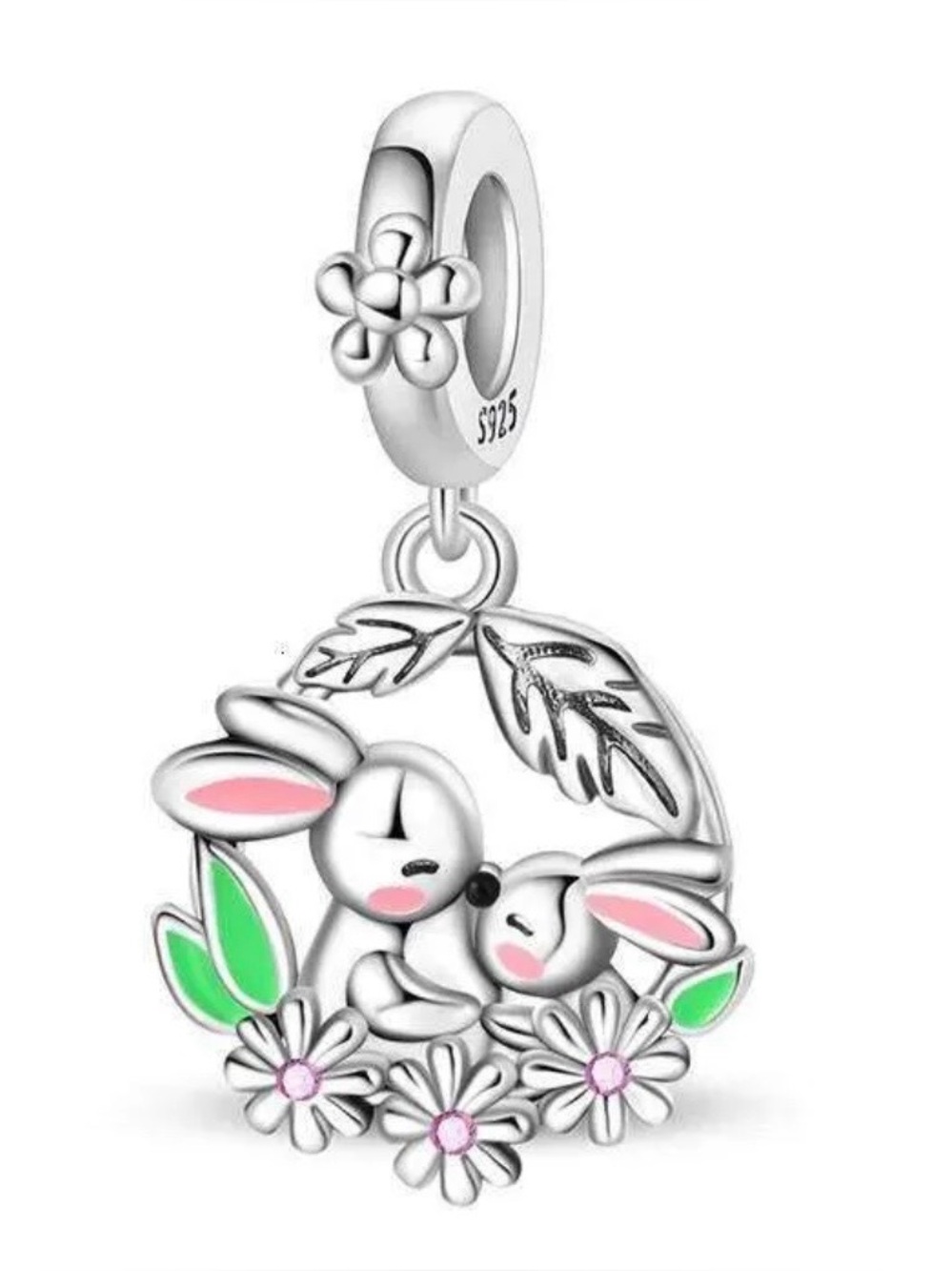 925 Bunny Rabbit Love Dangle Charm Floral Spring Sterling Silver-NEW